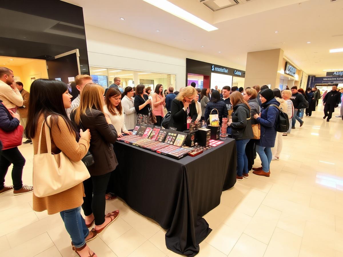 Shoppers gathered around a chocolate vendor booth