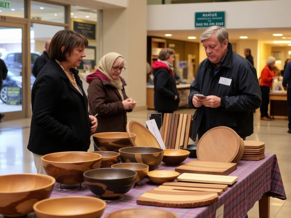 A vendor showing hand carved wooden pieces to customers